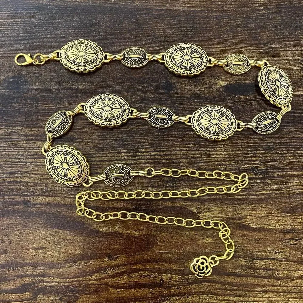 Antique Gold Boho Concho Medallion Waist Chain Belt, Fits 23-38 Inches, X7GA1348